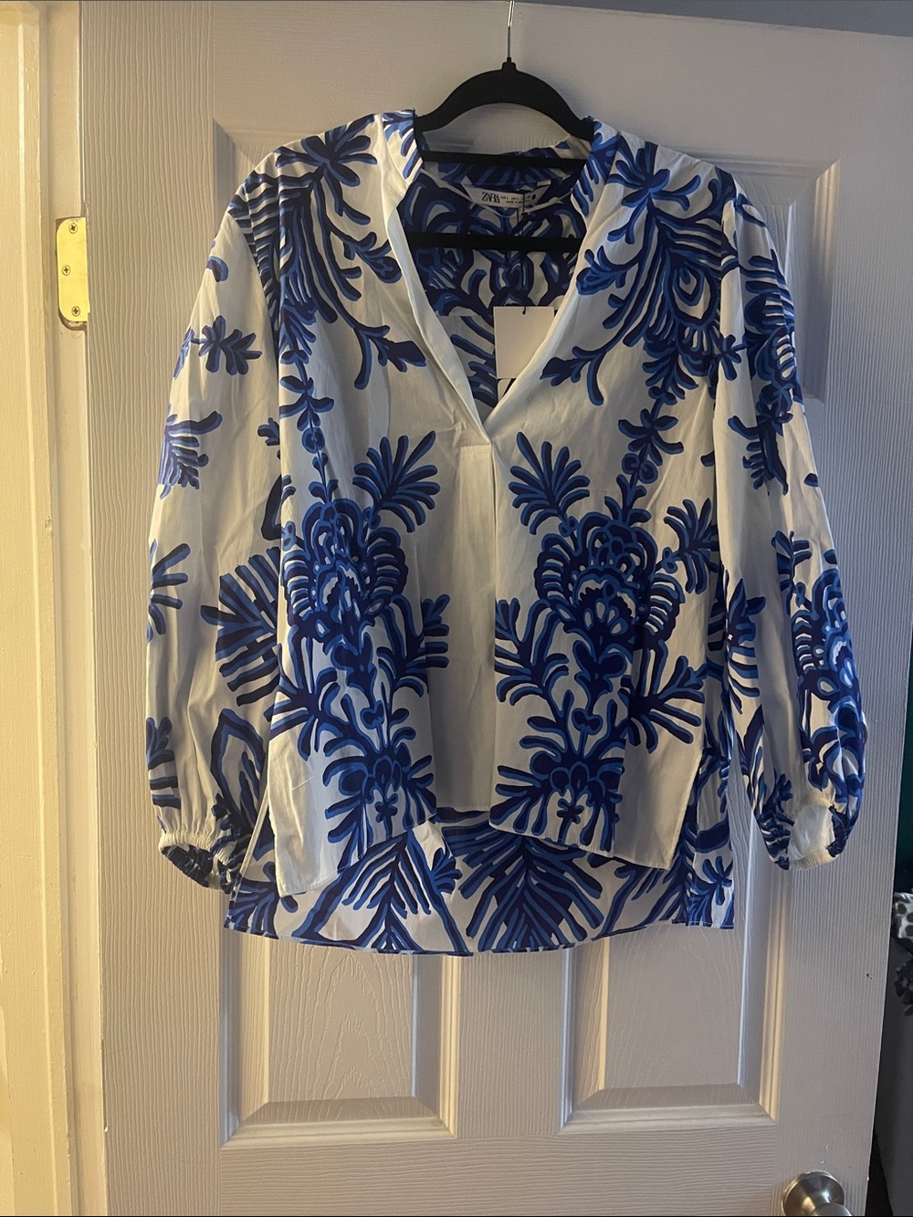 Zara White Blouse with Bold Blue Floral pattern